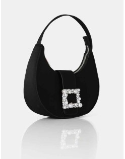 The Pearl Black Satin Pearled Buckle Mini Bag